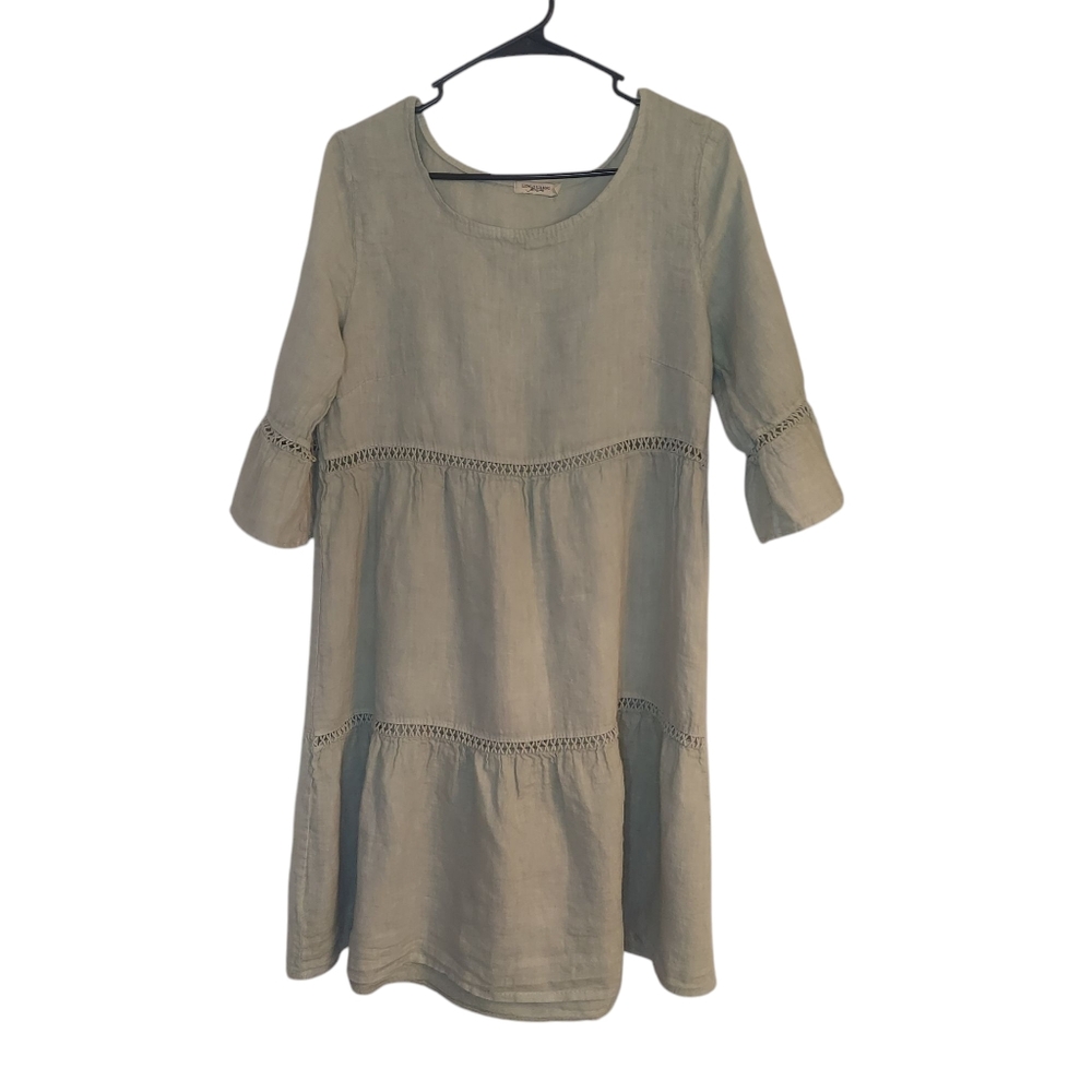 Lungo L'arno Lorno Tiered Linen Dress Sage Green EUC Size M Made In Italy